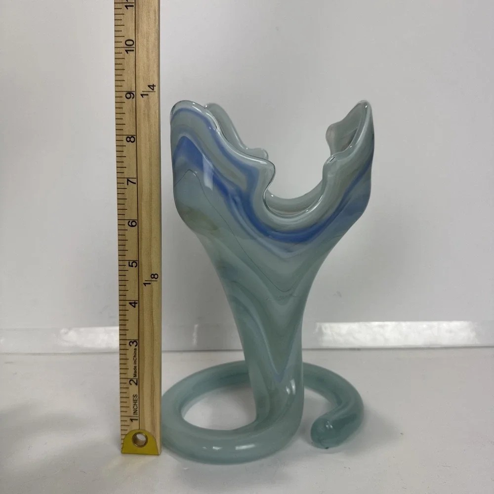 VTG Y2K Hand Blown Art Glass Swirl Vase OS Blue Green Ruffled Spiral